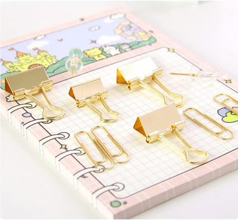 Gold Paper Clips and Binder Clips Set, Assorted Sized Metal Binders with Push Pins for Desk Accessories