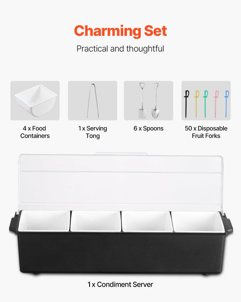 4 VEVOR Chilled Condiment Server, Compartment Ice Cooled Condiment Serving Container, Chilled Garnish Tray Bar Caddy