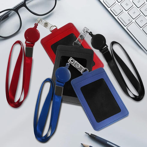 HYCOPROT ID Badge Holder with Lanyard, Heavy Duty Retractable PU Leather Vertical Horizontal Card Holders for Office