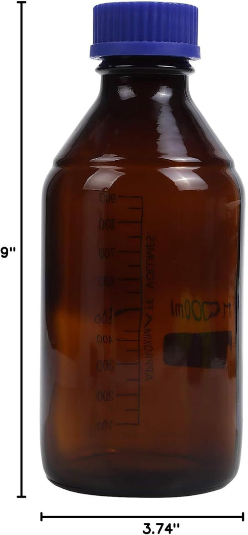 4 Pieces Amber Glass 1000 mL Graduated Round Lab Reagent Media/Storage Bottles with GL45 Blue Screw Cap