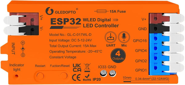 ESP32 WLED LED Strip Light Controller 4 Channel Output 15A Fuse Link