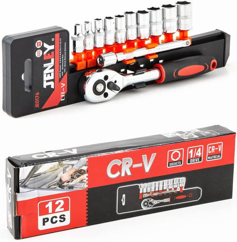 Ratchet Socket Wrench Set, 1/4 Inch Drive Mechanic Tool Kit with 12-Pieces Metric Sockets and Extension Bar
