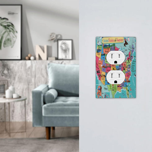 Turquoise USA Map Art Historical Atlas, 1 Gang Outlet Covers, Duplex Receptacle Wall Plate for Home Decor