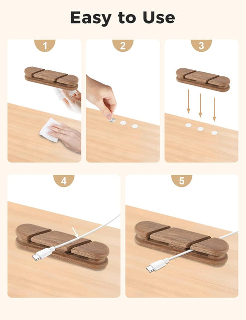 TFZUJDS Solid Walnut Cable Holder & Cord Organizer, Adhesive Cable Clips for Desk, Under Desk, Wall, Bedside & Car