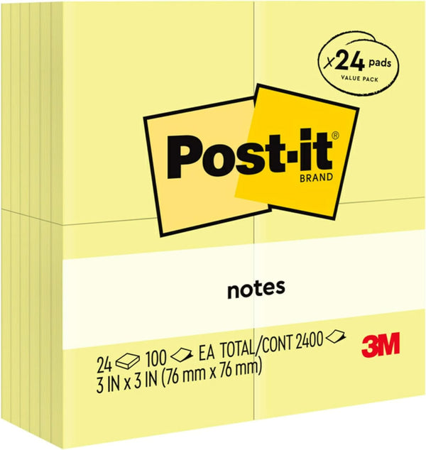 Post-it Notes, 3x3 in, 24 Pads, Clean Removal, Recyclable, Canary Yellow