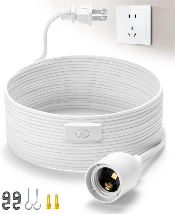 SIXZOONM 20Ft Extension Hanging Lantern Pendant Light Cord - White, E26 Light Bulb