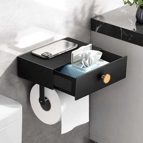 VOLDRA Toilet Paper Holder with Shelf Black Wipes Dispenser for Bathroom Stainless