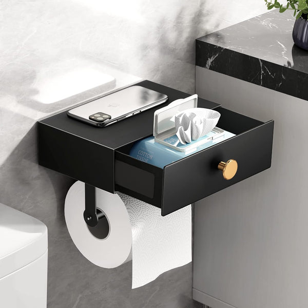VOLDRA Toilet Paper Holder with Shelf Black Wipes Dispenser for Bathroom Stainless