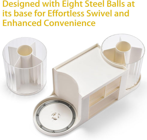 Rotating Desk Organizer with 2 Pen Holders, 10 Slots Pencil Holder, 3 Drawer Art Supply Storage Box Caddy for Office,