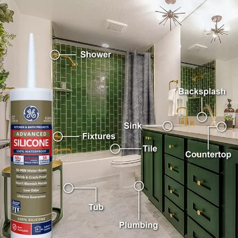 GE Sealants & Adhesives 281 Advanced Silicone 2 Kitchen & Bath Sealant, White, 2.8oz