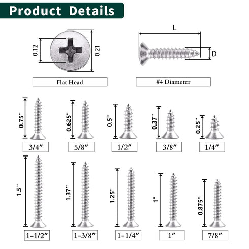 #4 x 3/8" (200 pcs) Flat Head Sheet Metal Screws, 304 Stainless Steel, Phillips Drive, Self Tapping