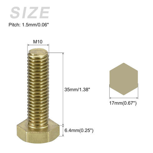 Hex Head Screw Bolt (M10-1.5x35mm) 3Pcs, Brass Fully Threaded Solid Hex Bolts for Machinery Repair