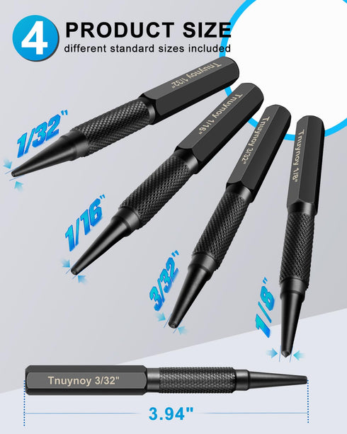 Tnuynoy 4-Piece Set, 3/32", 1/32", 1/16" Setter 1/8" Nail Punch and Center Punch Hardened Cr-V Steel with Non-Slip