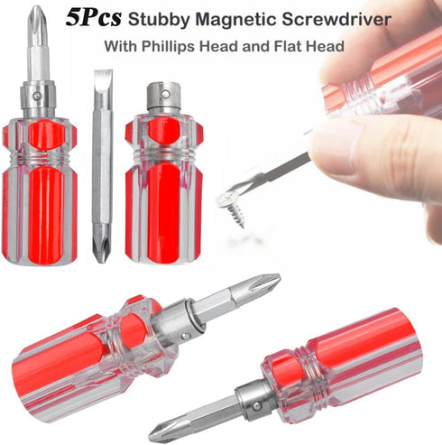 5 Pcs Stubby Magnetic Screwdriver Set, Phillips Head & Flat Head, 2-in-1 Interchangeable Bit Tool for Repair