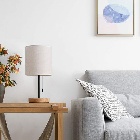 16 Inches (HT-AD005) HAITRAL Bedside Table Lamp - Modern Nightstand Lamp with Linen Fabric Shade Wooden Desk Lamps