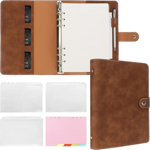 FYY Leather A5 6 Ring Binder Notebook, PU Leather Refillable with Pockets, Dividers, Refill Paper, Brown