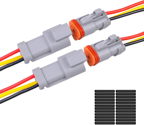 2Pack 3-Pin Waterproof DT Connector, Male and Female Wire Connectors with 16AWG Wires and Heat Shrink Tubes