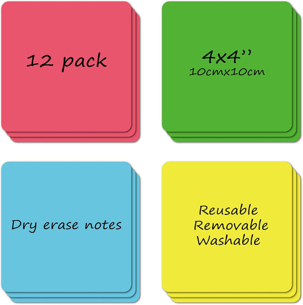 Dry Erase Sticky Notes, Reusable Label Stickers for Organizing Storage Bins, Removable & Washable (4"x4", 12 Sheets)