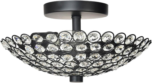 (Bulb Semi Flush Mount Ceiling Light, Clear Crystal Glass Beads Bowl Shade Lighting Fixture Black Crystal Chandelier