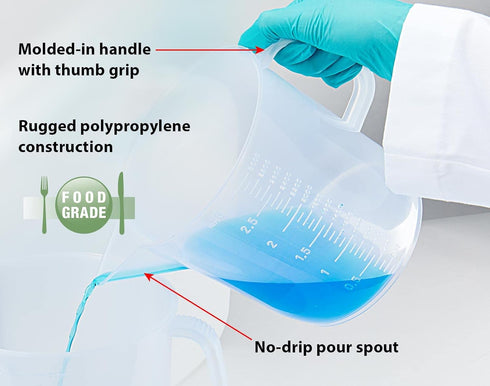 Globe Scientific 601159-1 Polypropylene Short Form Beaker with Handle, Molded Graduations, 3000mL Capacity by Globe Scientific