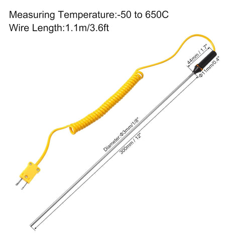 Surface Thermocouple 12" Probe K Type Yellow Coiled Wire -50 to 650C for Temperature Sensor Measurement - MECCANIXITY