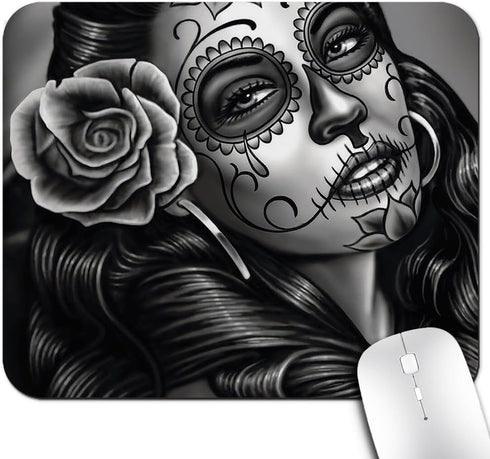 Vintage Sugar Skull Girl Image Gaming Mouse Pad, Custom Rectangle, Retro Black Grey White Large