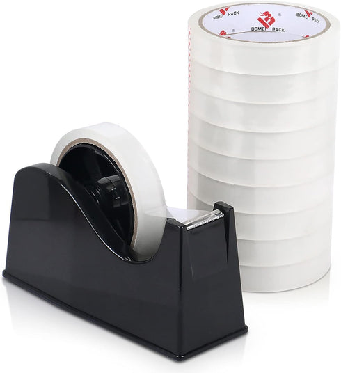 BOMEI PACK Desktop Tape Dispenser (Fits 1" & 3" Core) with Transparent Tape Refills and Weighted Non-Slip Base