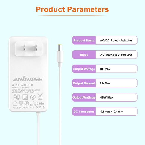 Power Supply Adapter DC24 2A 48W AC to DC Converter for COB LED Strip, CCTV Camera, White, 2.1mm X 5.5mm