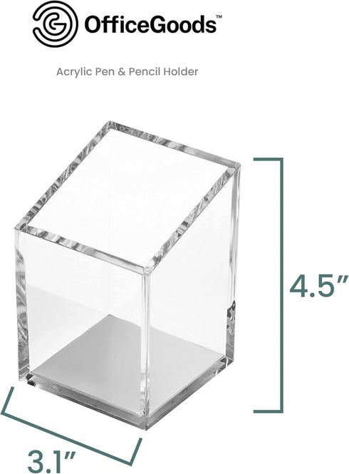 OfficeGoods Acrylic Pen & Pencil Holder - Modern Desk Organizer with Trapezoid Design - Silver Contrasting Metal Base