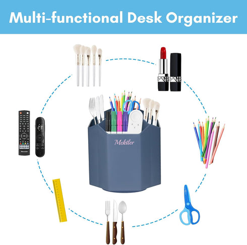 Desk Organizer, 360° Rotating 5 Compartment Marker Pen Holder, Makeup Brush Holder for Office, Classroom, Home (Grey)
