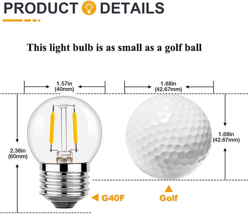 G40 E26 1W Low Wattage LED Vintage Bulbs - Small Globe Nightlight, 2700K Warm White, 6Pack