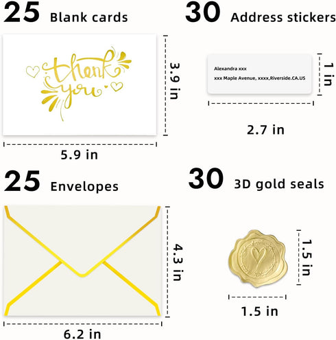 Amcubec 110pcs Set(25 Pack), 350GSM Gold Foil Thank You Cards with Envelopes, Bulk Heavy Duty Thank You Notes