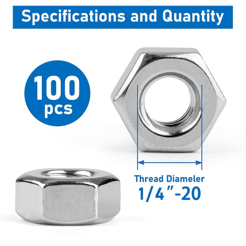 Vmuter 100 Pack 1/4-20 304 (A2-70) Inch Hex Nuts, Stainless Steel Hardware Nuts,Standard Coarse Thread Nuts