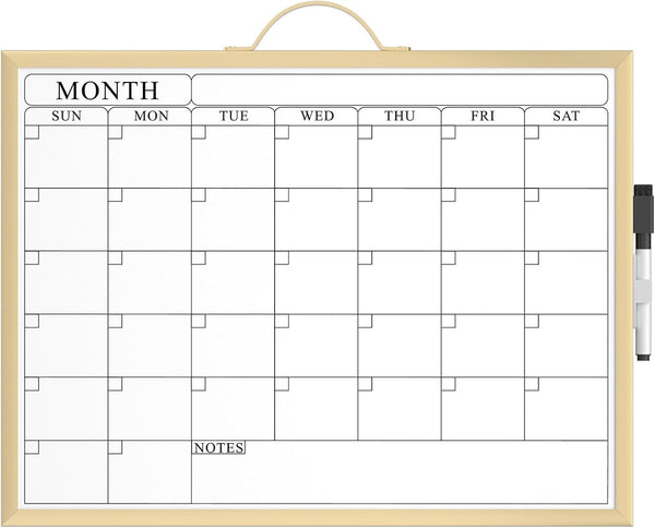 MaxGear Monthly Calendar Dry Erase Board, 16"x12" Hanging Whiteboard with Handle, Golden Aluminum Frame for Office
