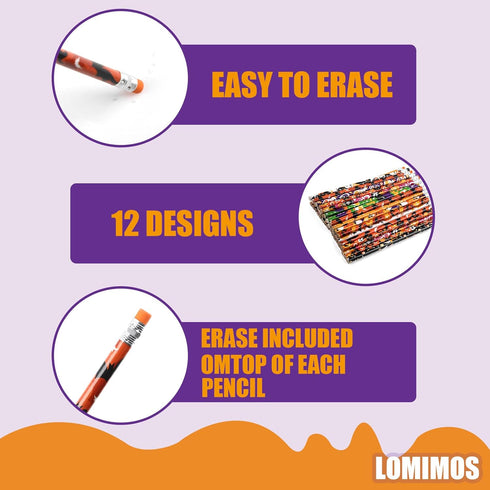 LOMIMOS 120pcs Halloween Pencil Bulk, Colorful Wooden with Eraser, 12 Patterns for Kid Trick or Treat Party Supplies