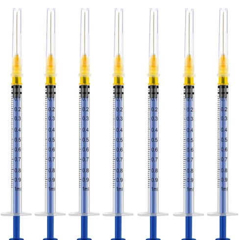 100 Pack 1ml 25Ga Plastic Syringe with Measurement for Scientific Labs, Disposable Individually Wrapped