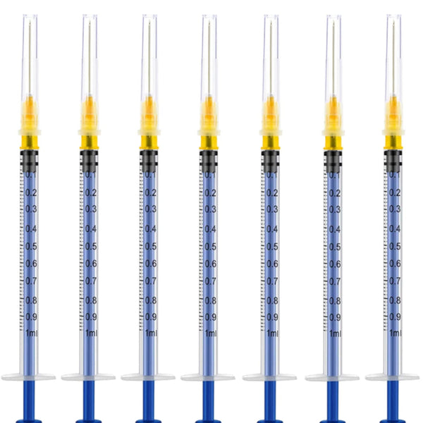 100 Pack 1ml 25Ga Plastic Syringe with Measurement for Scientific Labs, Disposable Individually Wrapped