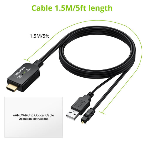(1.5M/5ft), 192KHz/24bit, 5.1, Dolby LiNKFOR eARC/ARC to Optical Audio Extractor Cable All-in-One HDMI ARC to TOSLINK
