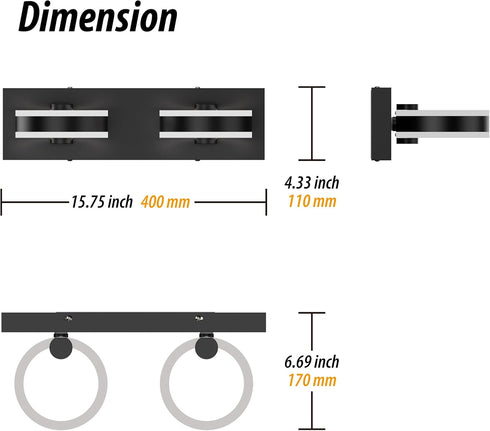 Fixtures,15inch 2 350 LED Bathroom Light Black Vanity Lights, Modern Light Acrylic Wall Sconces, Rotatable Wall