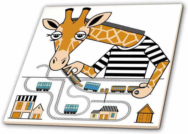3dRose Funny Cute Colorful Giraffe Playing with Model Train Set Animals 4