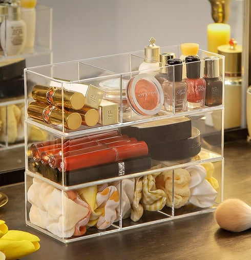 Stackable Clear Drawer Organizers, Small Makeup Vanity Storage Bins, Office Desk Drawer Dividers, 2 Pack Triple