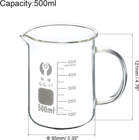 PATIKIL 500ml Glass Beaker with Handle, 3.3 Borosilicate Glass Graduated Printed Scale Measuring Cups with Spout for Kitchen Lab Liquids Transit Boiling