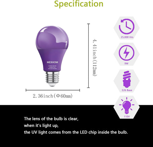 4 Pack A19 LED Black Light Bulbs, 9W (100W Equivalent) E26 Base, Dimmable Black Lights for Halloween