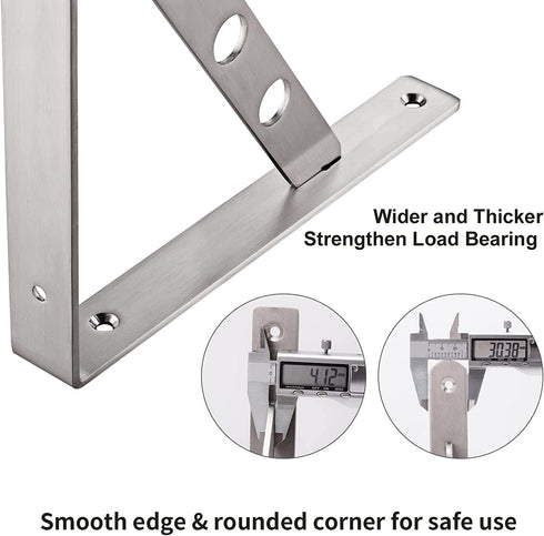 12", 4mm 2pcs, 400lbs YUMORE Shelf Bracket Stainless Steel Heavy Duty L Shaped Brackets Wall Mounted Floating Table