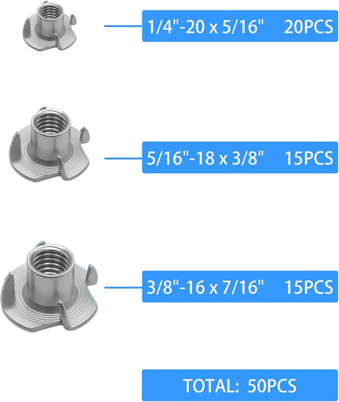 Stainless Steel T-Nut, 1/4", 5/16", 3/8", Heavy Duty Tee Nut for Wood, 50 Pcs Kit