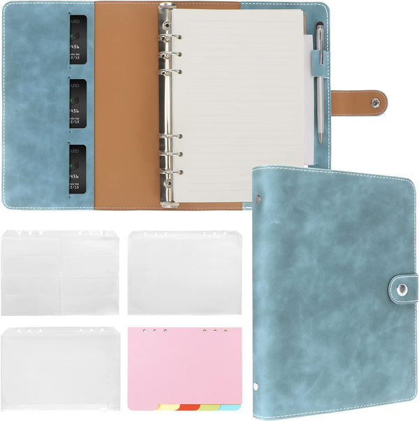 FYY Leather A5 Binder, 6 Ring Notebook, Refillable Planner, A5 Dividers, Blue Notebook
