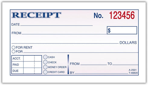 Adams 2-3/4 5-3/8 Inches, 2-Parts, 50 Sets 3 (DC2501-3) Money and Rent Receipt, x Carbonless, White/Canary, per Book
