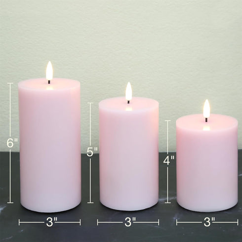 Set 3 Pink Flameless Pillar Candles with Remote, LED Candles Battery Operated, Real Wax Flickering Electric Fake