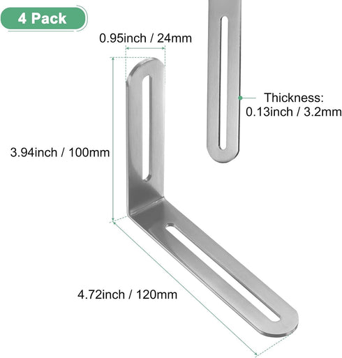 4-Pack 4.72 3.94 M METERXITY Adjustable L-Shape Corner Brace, x in Stainless Steel Right Angle Brackets with Slotted