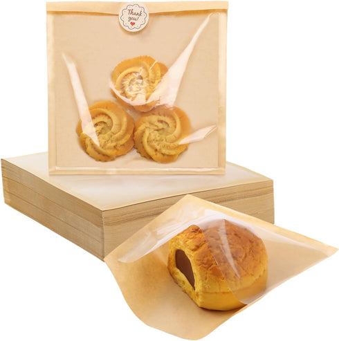 YLQLA 300 Pcs 7.1 x 7.5 Inch Heat Sealable Bakery Bags with Window.Treat,Sandwich,Cookie